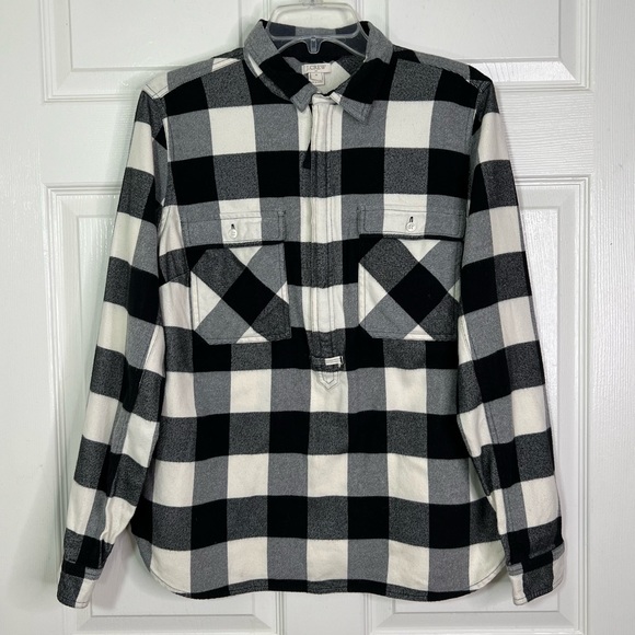 J. Crew Buffalo Plaid Flannel 1/2 Zip Shirt Jacket Black & Ivory Size M - Picture 2 of 12